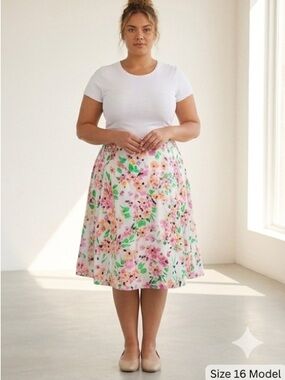 TALBOTS Floral A-Line Skirt 16 White Multi NWOT